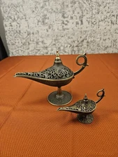 2 Vintage Aladdin Style Metal Lamps, Brass Incense Burners, 3" And 6" Tall