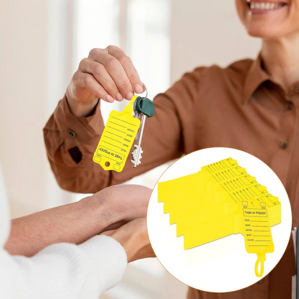 200 piezas etiquetas amarillas para llaves de coche autobloqueantes etiquetas para llaves de concesionario etiquetas para llaves de plástico Foto 4 de 4