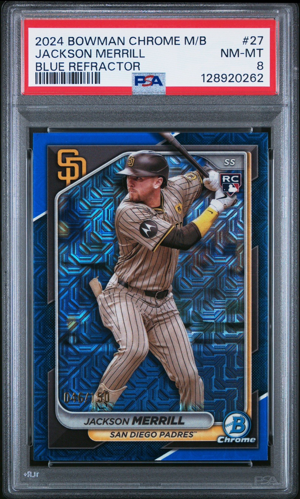 2024 Bowman Chrome - Jackson Merrill #27 Blue Mojo Refractor /150 (RC) PSA 8