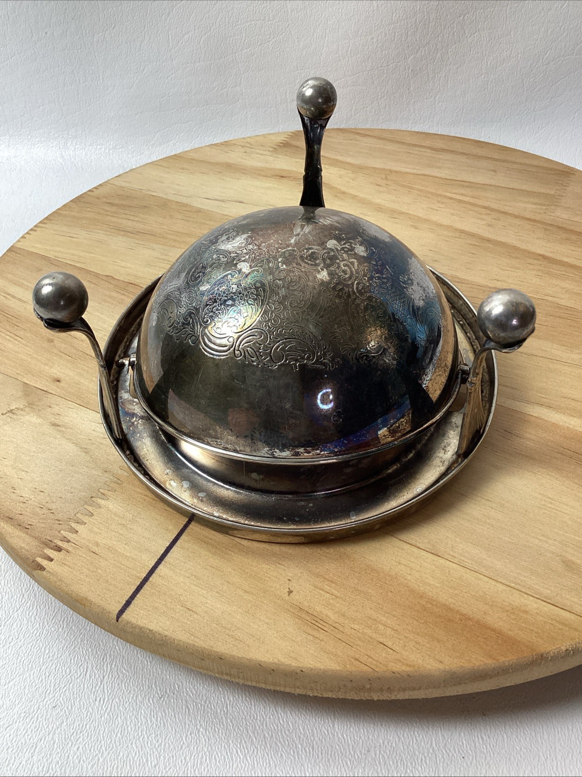 Vintage Silverplate Butter Caviar Server Swivel Dome Top  Filigree Legs England