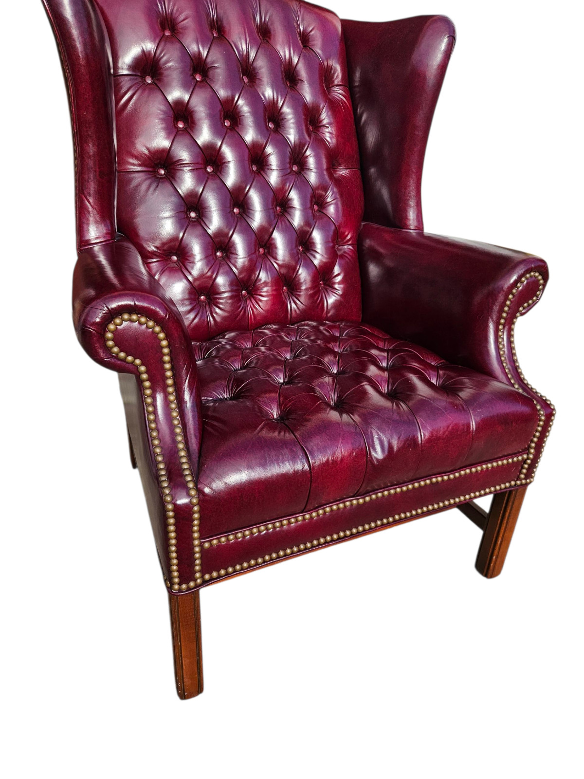 Ethan Allen Georgian Court Leather Wing Chair Vintage Chesterfield Oxblood