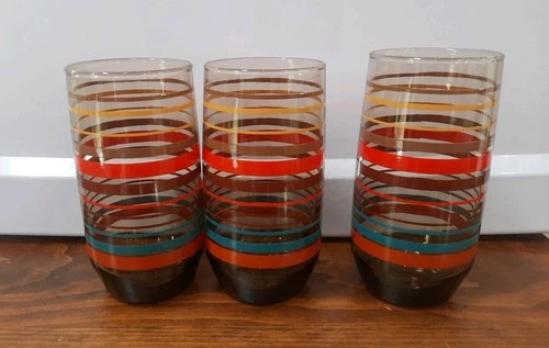 Vintage Anchor Hocking Striped Juice Tumblers Glasses, Set of Three 5 Inch