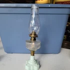 Antique Oil Lamp Blue Milk Glass Clear Vintage Small 14" tall