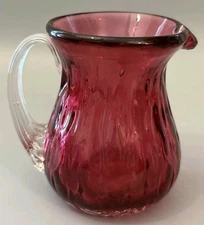 Pilgrim Cranberry Art Glass Mini Creamer Pitcher 3.5in Clear Ribbed Handle Optic