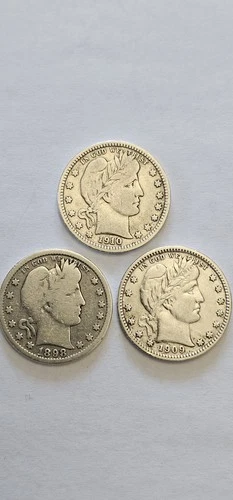 Barber Quarter 90% Silver Coins. Lot Of 3, 1898 O, 1909 D, 1910 P FREE Shipping