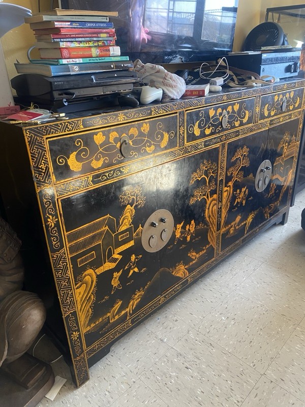 Chinese Black & Gold Lacquer Wood Cabinet Sideboard w/ Gilt Landscape Scenes