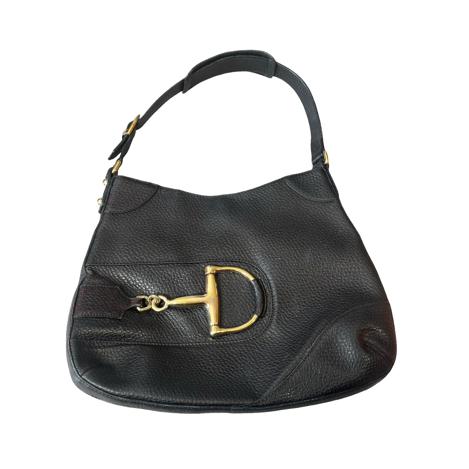 Borsa Gucci Horsebit Hobo nera pelle ciottolata grande hardware oro autentica