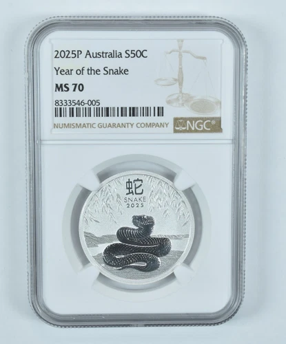 2025 P Australia 50 Cents Silver Year Of The Snake MS70 NGC Brown Label *1845