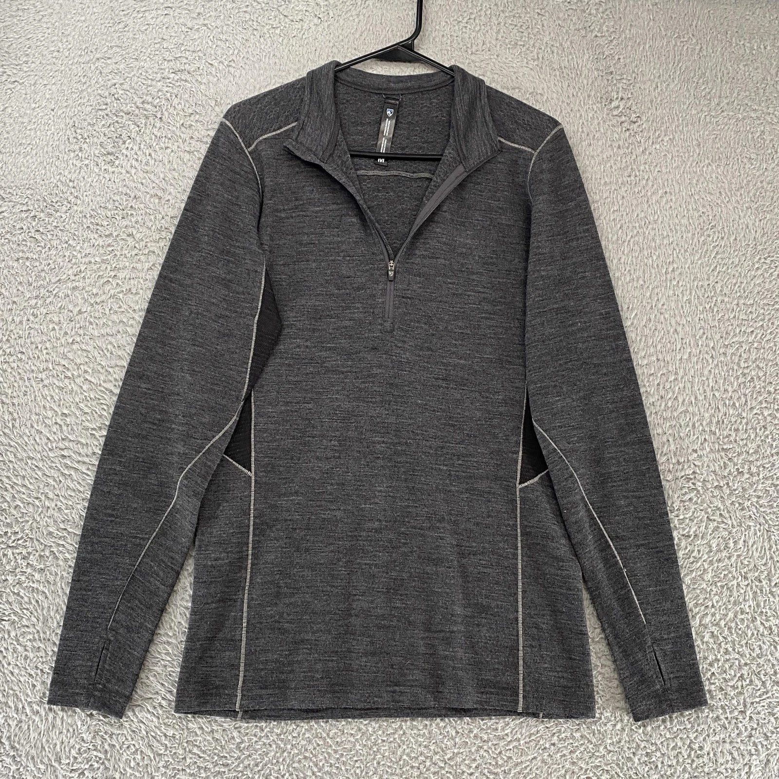 Merino Wool Pullover Mens Medium Gray 1/4 Zip Thumbholes Base Layer Outdoor