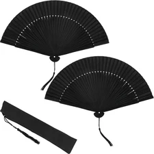 2 Pcs 8.4" Small Black Folding Hand Fans Bamboo Silk Folding Hand Rave Fan with