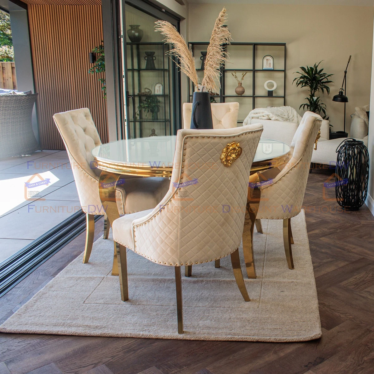 FurnitureDW Gold 130cm Round Dining Table White Glass and 4 Chairs Cream Bentley