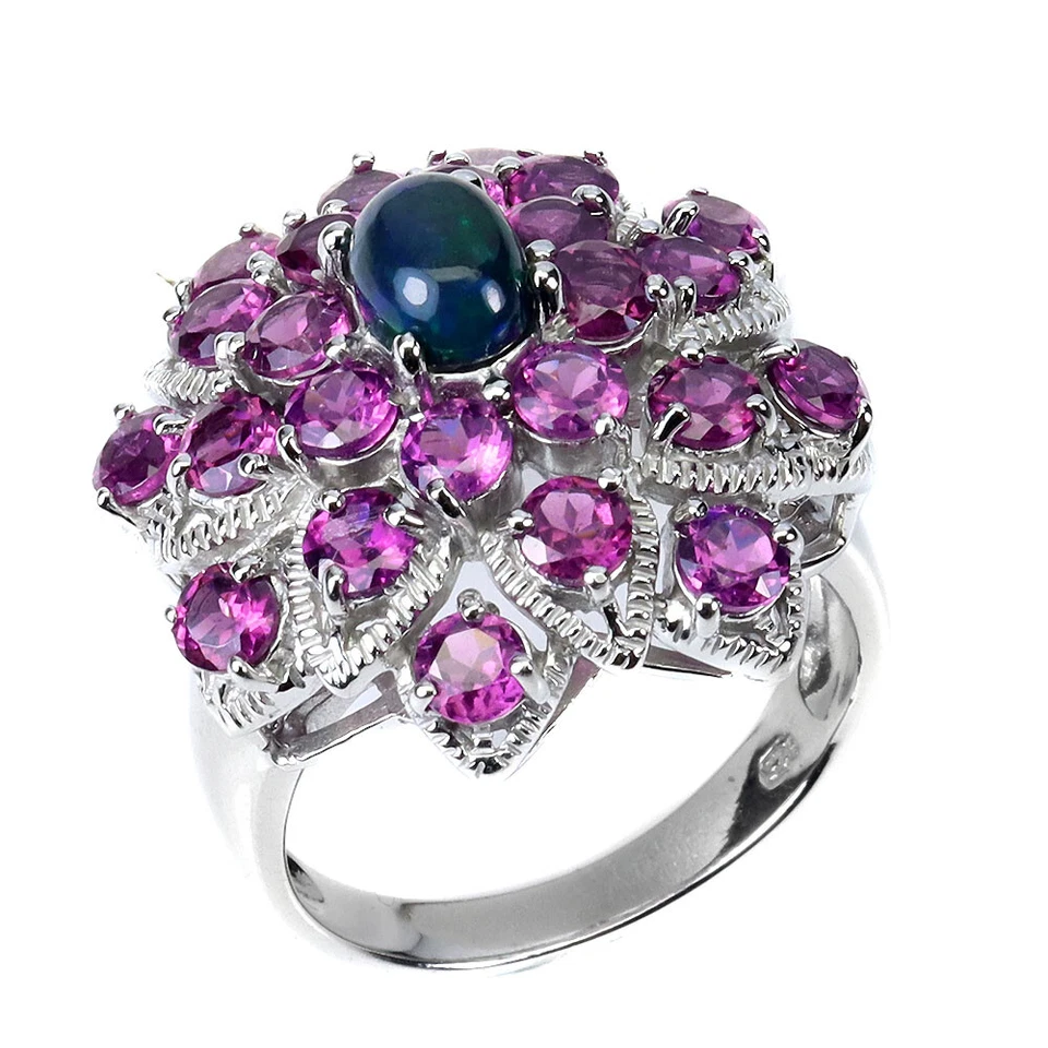 925 Sterling Silver Ring Oval Black Opal 7x5mm Rhodolite Gemstone Jewelry Size 9 - Image 2 of 4