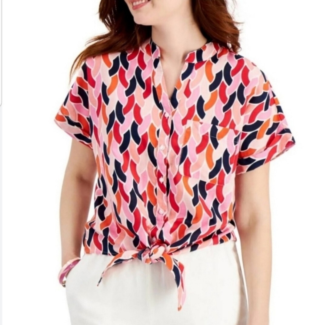 Charter Club Luxury Linen Tie Waist Button Up Cap Sleeve Top Shirt Womens Large