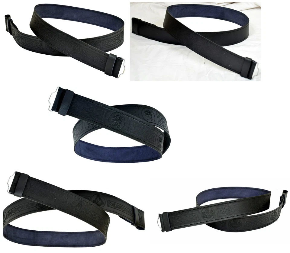 SHYNE KILTS U.K Leather Kilt Belt Adjustable size for Kilts Highland Black Embossed or Plain