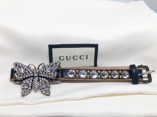 NEW 100% Authentic GUCCI Crystal Butterfly Black Leather Belt Bracelet - Picture 3 of 12