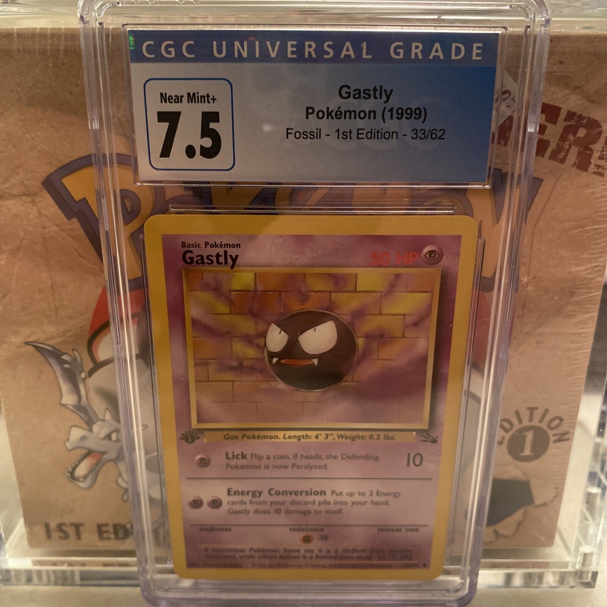 first edition gastly pokemon card 1999 Pokémon Fossil - 1st Edition - Gastly 33/62 CGC 7.5 NEAR MINT+ CGC 7.5
