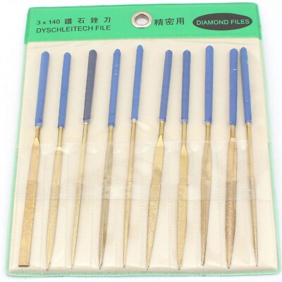 10 Pcs Titanium Coated Mini Diamond File Set Needle Carving Cutting Tool-3x140mm