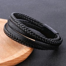ARMBAND HERREN LEDER ARMBAND EDELSTAHL MAGNETVERSCHLUSS SCHWARZ SILBER