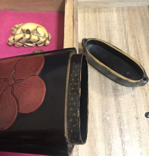 Estuche de píldoras japonés vintage inro alto 9,8 cm x ancho 6,7 cm netsuke 4 cm - Imagen 9 de 10