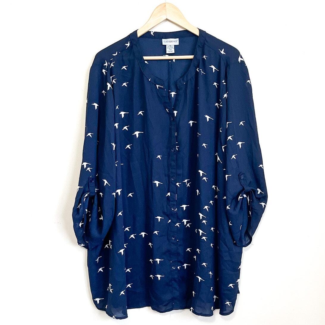 Catherines Geese Bird Women Shirt Size 3X 26/28W Blue Chiffon Button Front Flowy