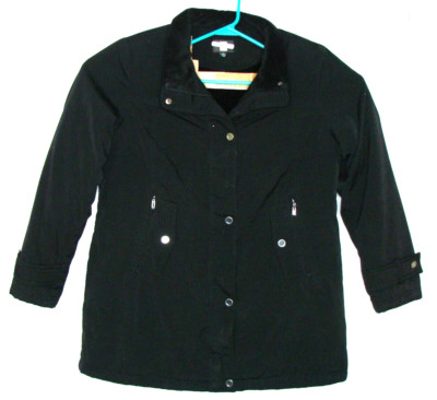 Gallery Coats Large Black Zip Button Coat Jacket Pockets Satin Lined Warm 