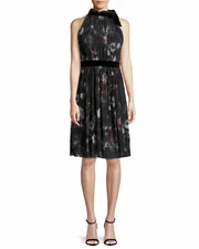 FUZZI Black Floral Print Velvet Trim Tie Neck Fit Flare Tulle Mesh Dress L = 12