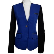 Cut25 Colorblock Blazer 2 Cobalt Black Leather Trim Elbow Patch Stretch Jacket