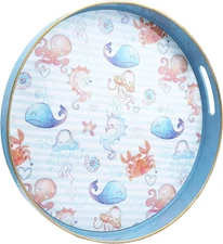 Round Coastal Blue Decorative Serving Tray with Handles 13"