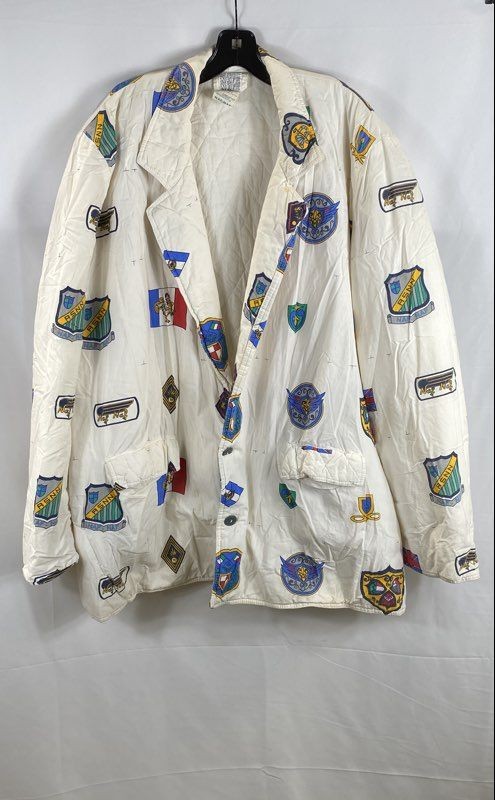 Vintage 80s Naf Naf Paris Quilted Crest Print Blazer Jacket Made France Sz L/XL