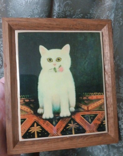Vintage Folk Art Tile Trivet MCM Decor Wood Frame Martin Leman White Cat Rosebud - Picture 7 of 10