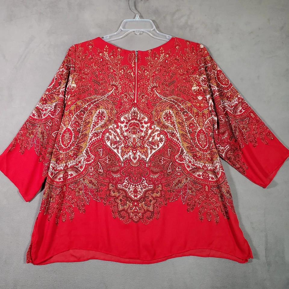 Blusa Top Rosa y Oliva Para Mujer 2X Roja Floral Cachemira Manga 3/4 Boho Chic Artística Foto 2 de 4