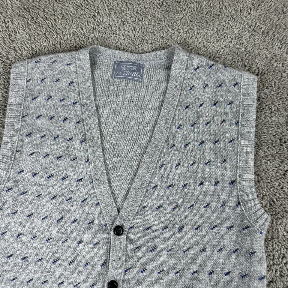 Le Tigre Sweater Vest Mens Medium Large Gray Wool V Neck Button Front Made USA - Image 3 of 4