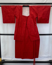 Japanese Vintage Kimono Michiyuki Jacket Polyester Red Apron Set Traditional34in