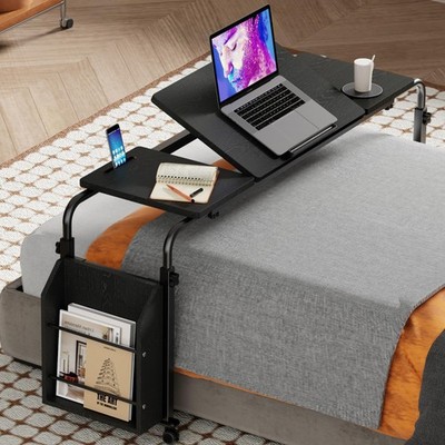 Overbed Table with Wheels, Tilting Overbed Desk Adjustable Height & Length, Q...