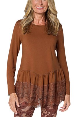 LOGO by Lori Goldstein Women's Rayon 230 Lace Trim Top Cognac