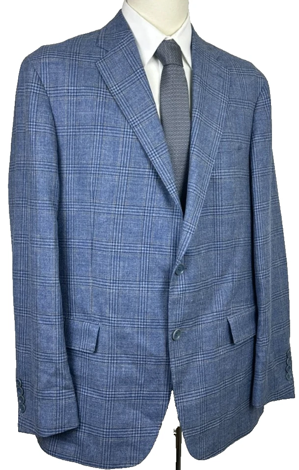 Abrigo deportivo Hart Schaffner Marx 44R azul a cuadros ajuste Nueva York suave lana seda lino Foto 2 de 4