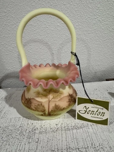 Fenton Burmese basket Hand Painted. *Small Repair Please Read Description*