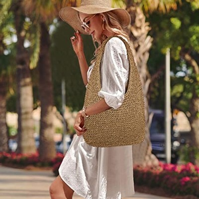 Women Large Straw Beach Bag Handmade Woven Shoulder Bags Hobo Tote Khaki