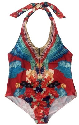 Tropical Abstract Florals & Feathers Print Halter 1 Piece Swimsuit Festival XXL