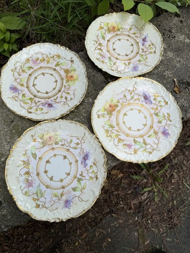 PHL Limoges France set of 4 Hand Painted Porcelain Plates Florals Heavy Gold