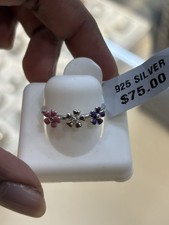 925 Silver Flower Band Ring Pink Purple Accents Fashion