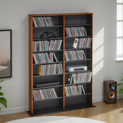 2 Column Display Cabinet Media, Double Width Wall Storage, Cherry/Black
