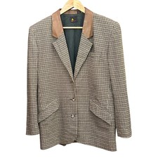 Vintage Liz Sport Houndstooth Blazer Wool Leather Collar Made in Korea Academia