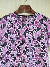 Divine Scrubs Scrub Top Womens Small Pink Heart Print Mock Wrap Pockets Nursing