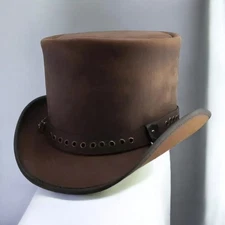 Men Brown Leather Top Hat Steampunk Victorian Western Cowboy Handmade Hat