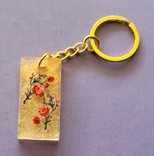 Handmade Resin Rose Keychain Gold Shimmer Floral Rectangle Bag Charm Gift