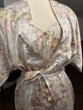 Vintage Floral Satin Lingerie Set Peignoir Negligee Slip with Robe and Belt M