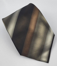 Joseph Feiss Silk Tie Brown Gray Silver Pewter Stripes Necktie Long 62 x 3.7/8