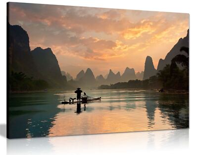 Gerahmtes Leinwandbild Goldener Sonnenuntergang Li Jiang Fluss Wandbild Wohndeko