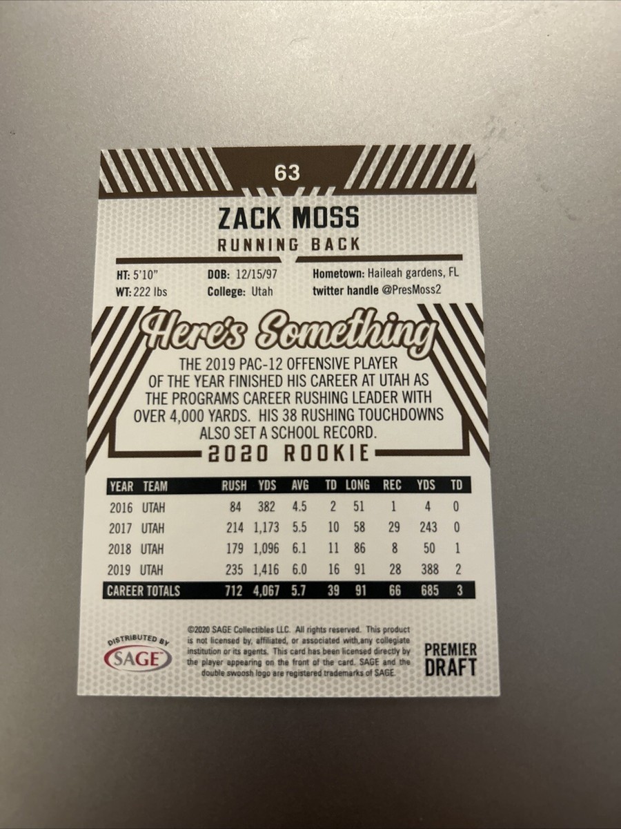 2020 Sage Hit - #63 Zack Moss (RC) Football Card 9QQQ | eBay